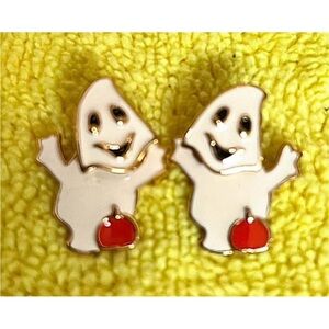 HALLOWEEN EARRINGS Enamel Jiggle Ghosts with Pumpkins